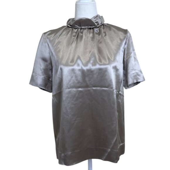 COS Short-Sleeve Satin Top Ruffle-Neck Metallic Beige Gold High-Neck EUR 36 / US - Picture 1 of 4